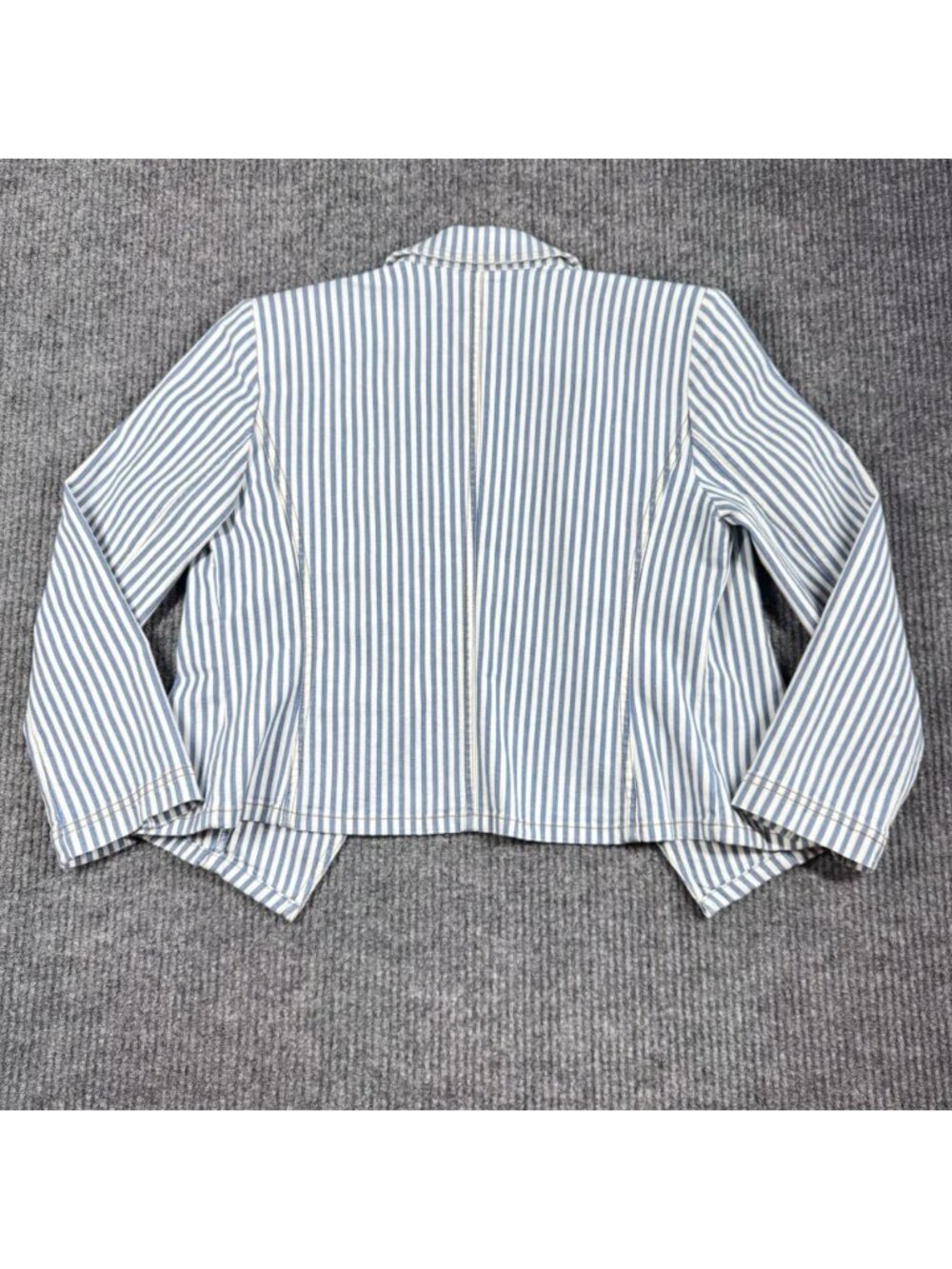 Chicos Open Front Denim Jacket Womens 1/Medium Blue White Striped Classic Fit - Picture 6 of 13
